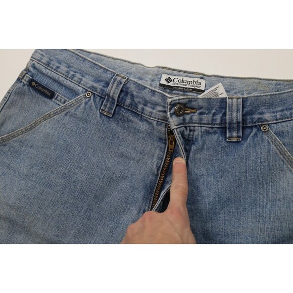 Vtg Columbia Mens 34 Distressed Spell Out Dungaree Above Knee Denim Jean Shorts - Picture 7 of 13